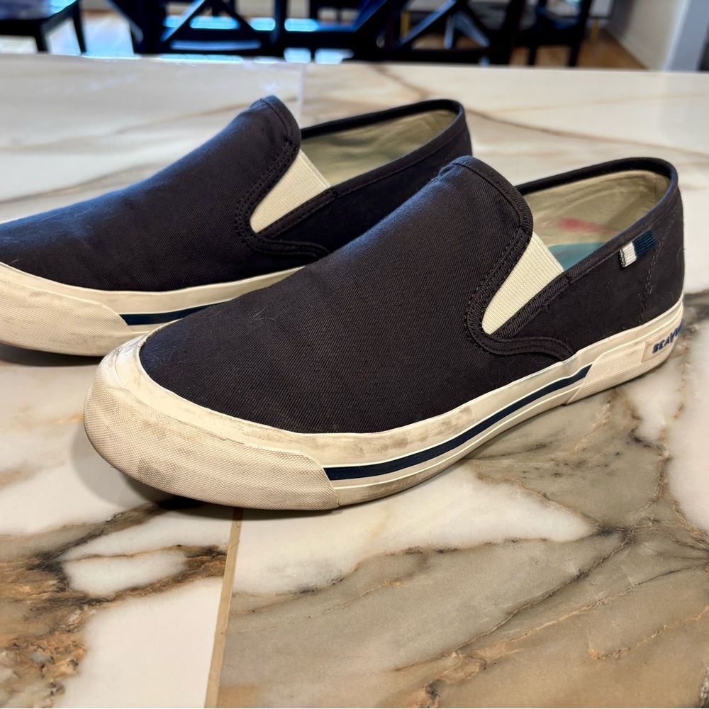 SeaVees Black and White Slip-On Loafers with Canvas Upper